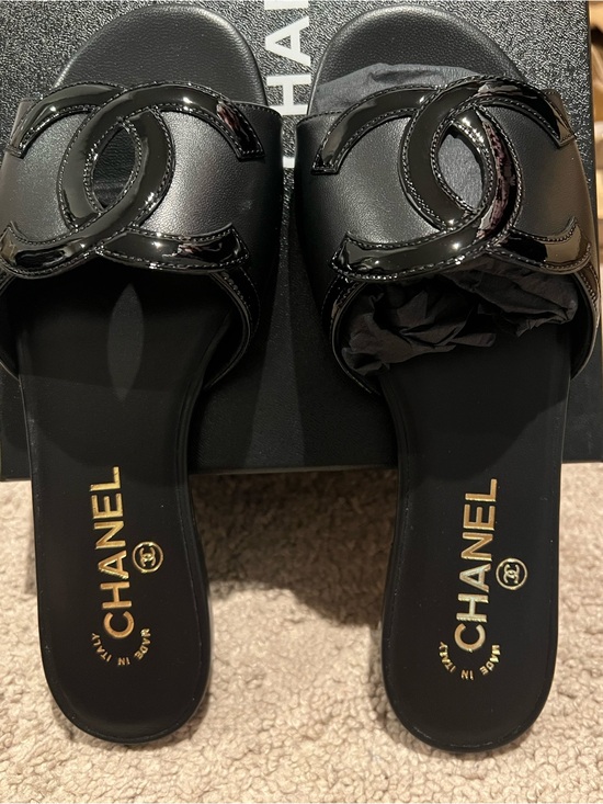 CHANEL Shoes - CHANEL Black Patent Leather CC Slide Sandals